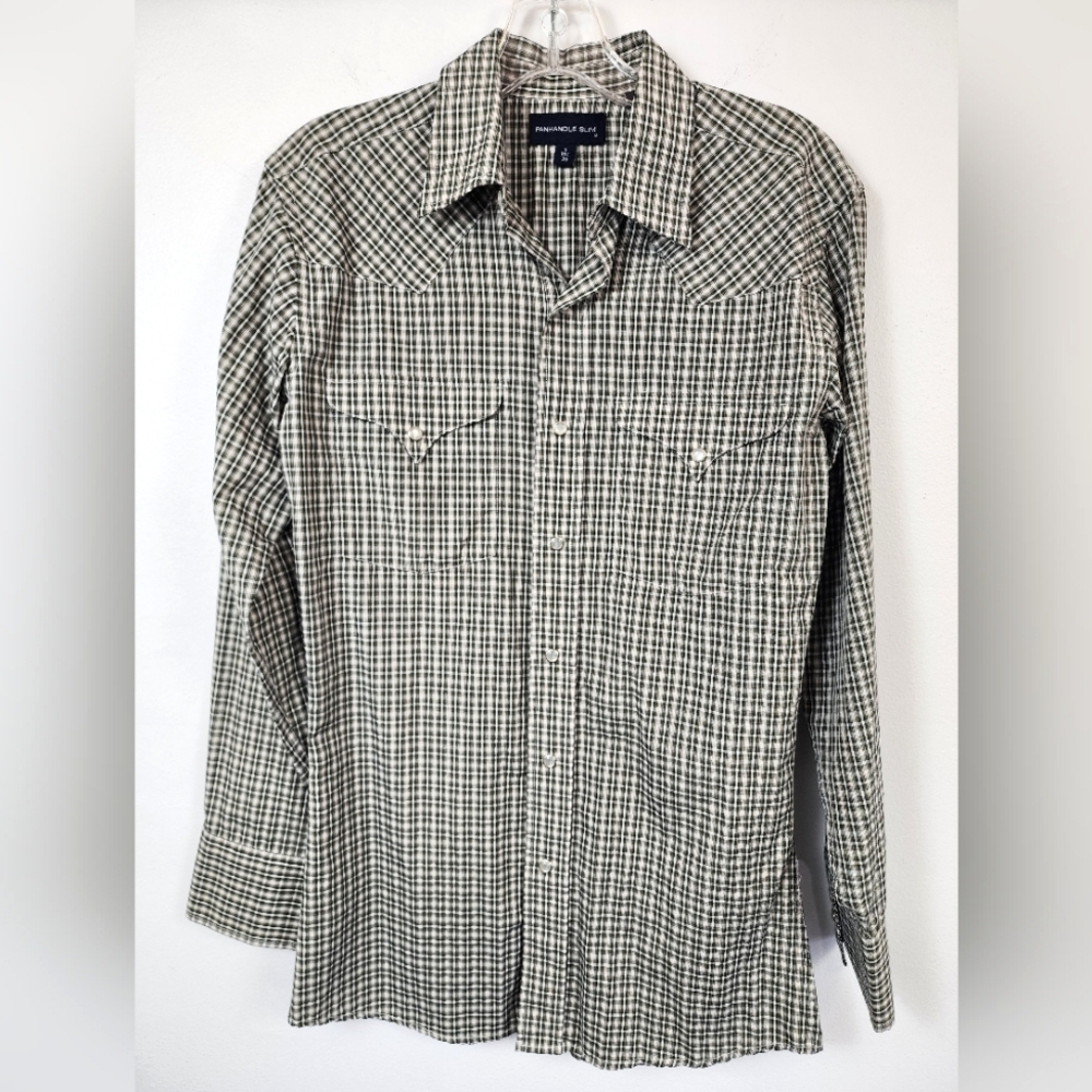 PANHANDLE SLIM Men's Green Western Yoke Pearl Snap Plaid Shirt, sz SM / 14.5 - Picture 1 of 12